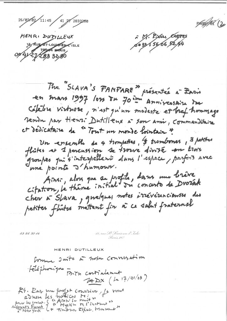 Courrier autographe d'Henri Dutilleux à Jean Leduc, notice de Slava's fanfare, 2003. Avec l'aimable autorisation des Éditions Leduc. DR